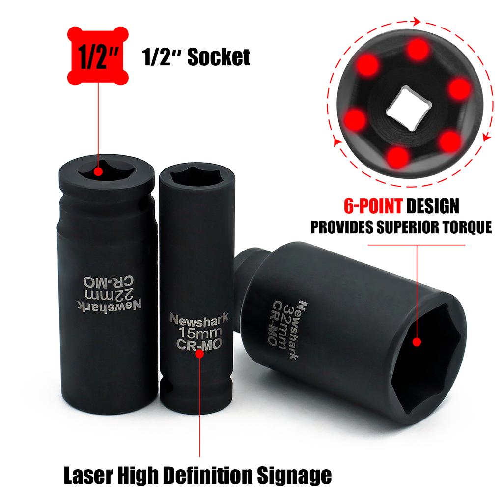 Набор торцевых головок 18 шт., привод 1/2 дюйма, метрические глубокие ударные головки, 6-гранные, 10 мм - 32 мм