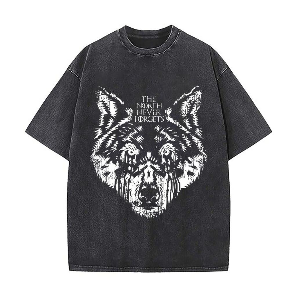 Wolf Silhouette Wildlife Themed Art Loose Solid Distressed T Shirt American Casual Crew Neck Top