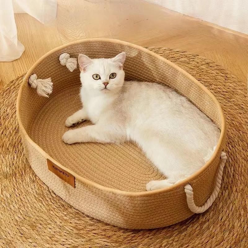 OUZEY Лежанка для домашних кошек Ручная плетеная из ротанга Лежанки для кошек Удобная для сна Износостойкая и устойчивая к царапинам Кошачье гнездо Корзины для котят