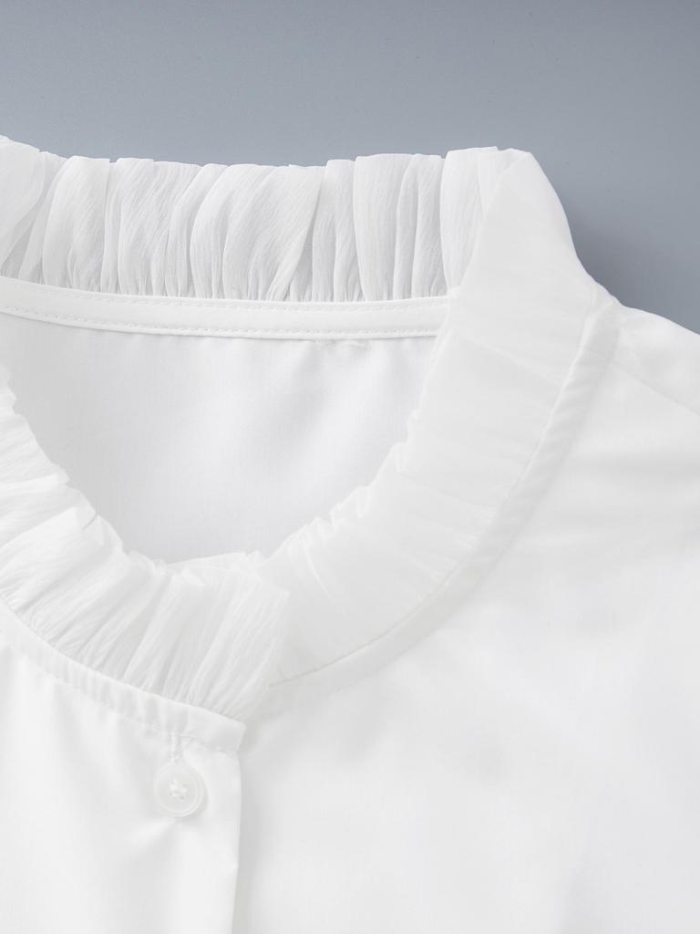 French White Women's Flare Sleeve Lace Top - Casual Long Sleeve Stand Collar Shirt