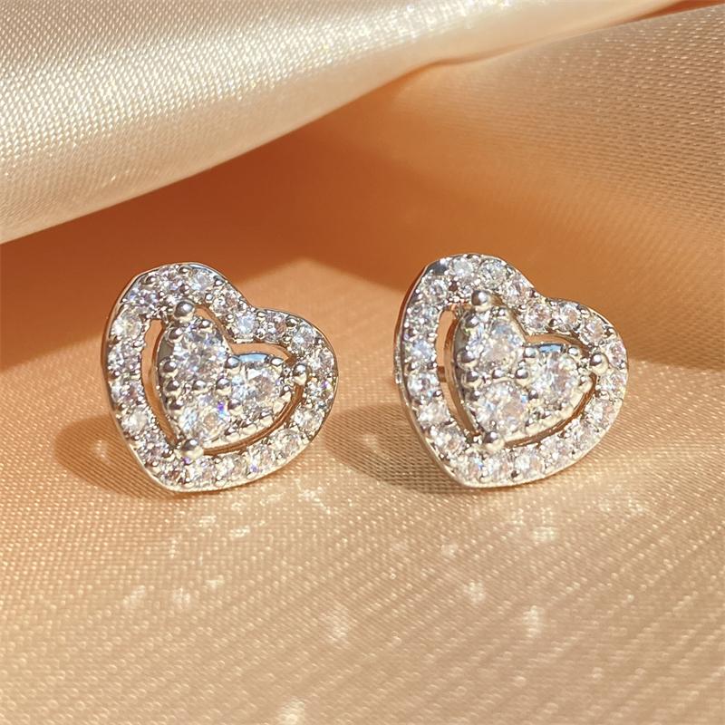 Fashion Heart CZ Stud Earrings for Women Cute Zirconia Female Band Marriage Statement Wedding Party Jewelry
