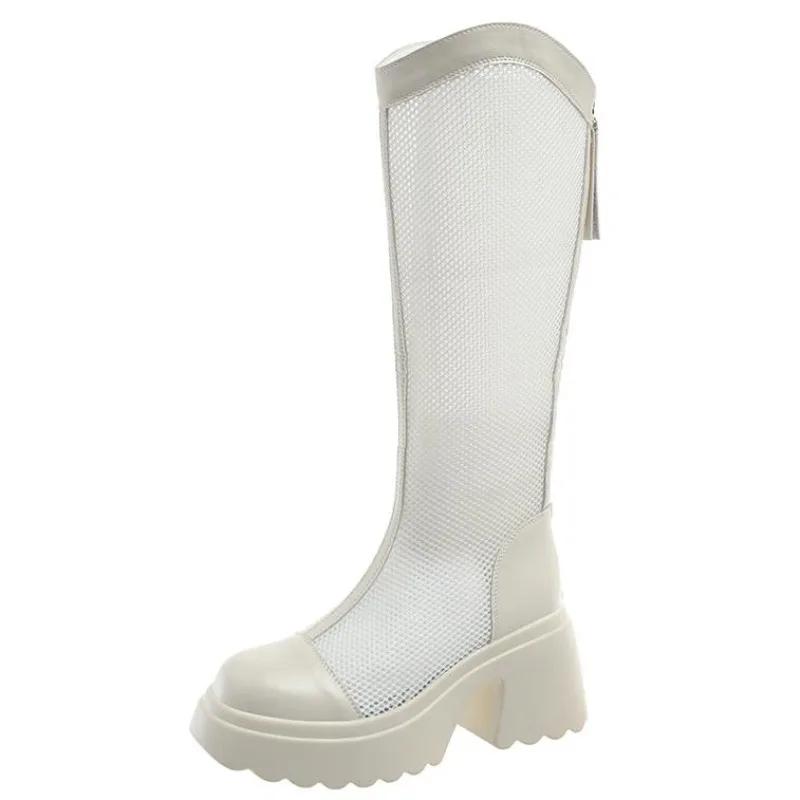 Модные 7 см Женские Летние Сетчатые Сапоги до Колена Женские Дышащие Сетчатые Рыцарские Сапоги Толстый Каблук Полые Длинные Крутые Сапоги Botas Mujer