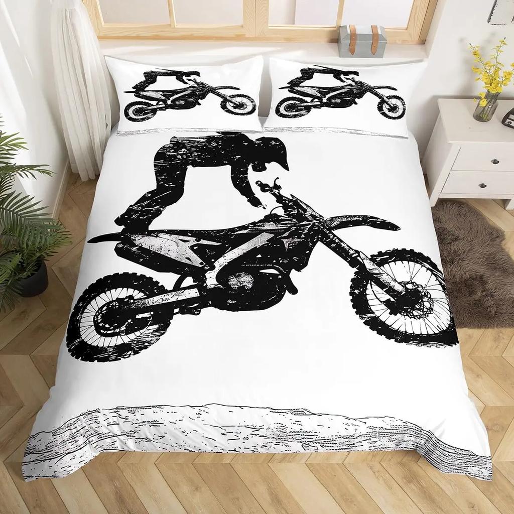 3pcs Cool Motorbike Bedding Set Dirt Bike Duvet Cover Twin Motocross Rider Comforter Cover Extreme Sports For Boys Adults