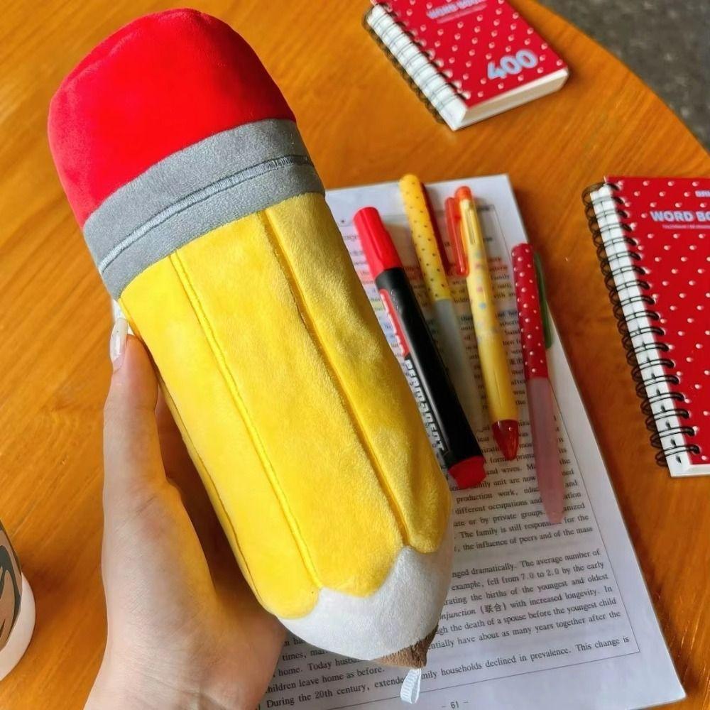 Large Capacity Plush Pencil Case Cartoon Stationery Bag Portable Pencil Shaped Bag Makeup Bag