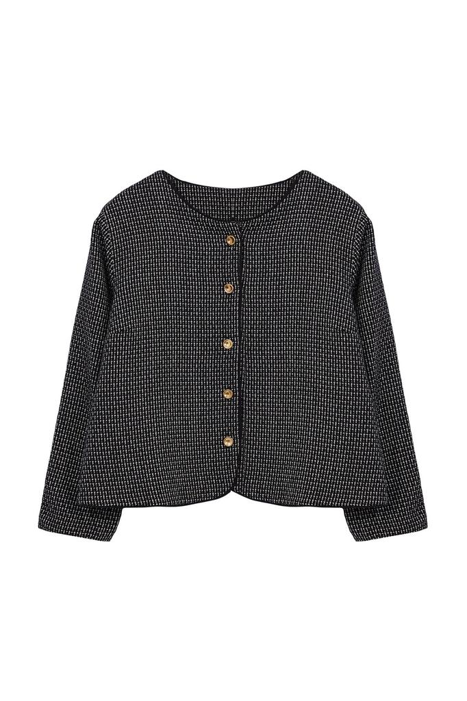  Women's Plus Size Jacket Black-White Plaid Check Lined Buttoned Tweed Jacket