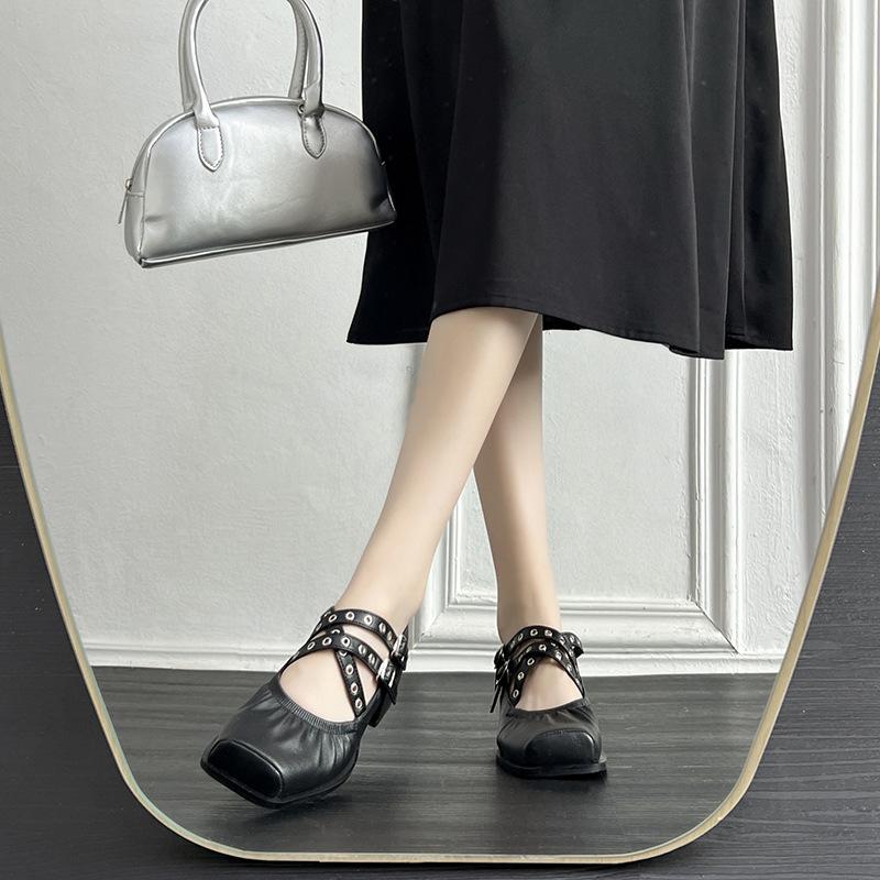 Cross-belt Ballet Shoes for Women's Spring New Square Toe Thick Heels Versatile Mary Jane Single Shoes High Heels