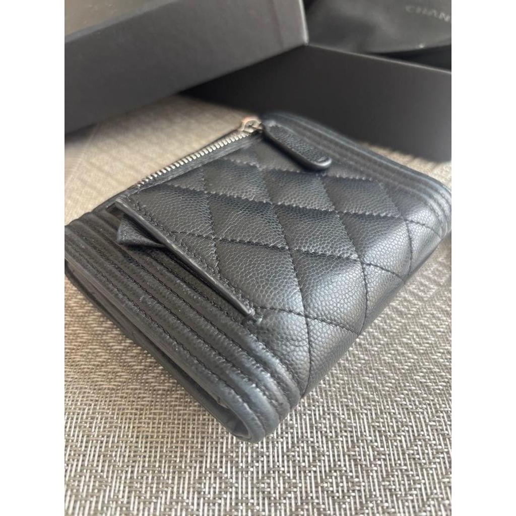 Used CHANEL Boy Chanel Caviar Skin Antique Silver Tri-fold Wallet