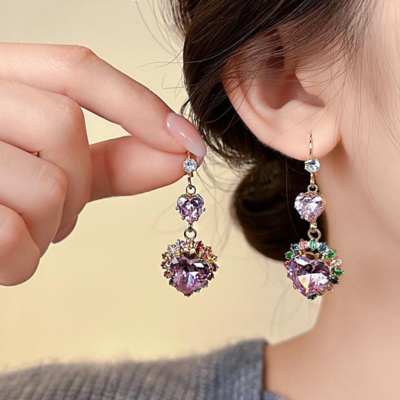 Exquisite Pink Zircon Rhinestone Earrings Love Heart Water Drop Flower Dangle Earrings For Women Party Ear Jewelry K-