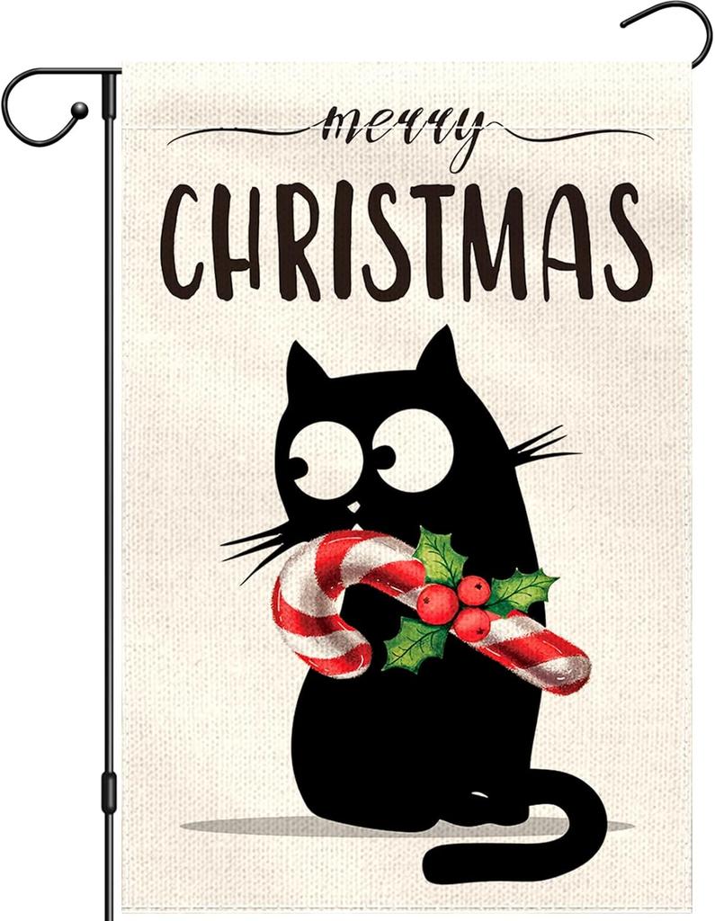 Merry Christmas Garden ag 12x18 Double Sided, Winter Black Cat Yard ags for House Decoration, Small Seasonal Burlap Bann EEL