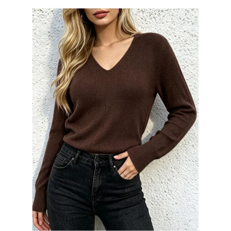 Women V Neck Fitted Long Sleeve Solid Color Knit Sweater Autumn Winter