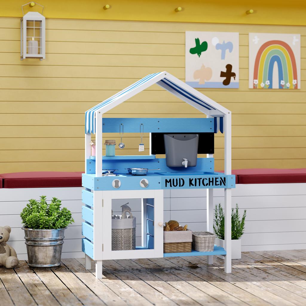 Kids Mud Kitchen Outdoor with Stoves, Sink, Faucet, Storage Shelves, Cookware Accessories for Boys Girls, Blue