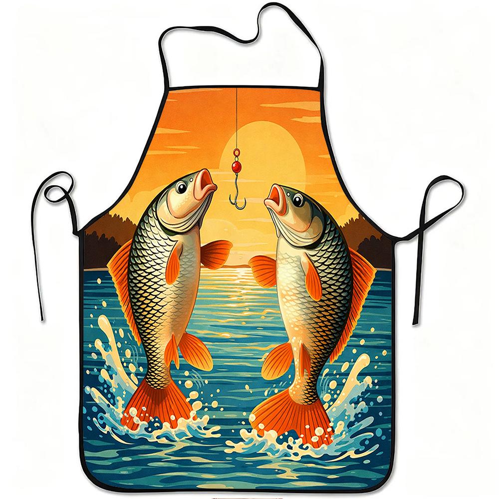 1pc Apron with a Sunset Fishing Jumping Fish Design, Sturdy And Easy to Clean, Adjustable Waist, Made of Polyester, Suitable for Cooking in The Kitche