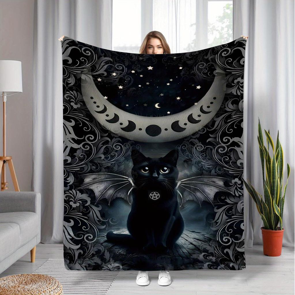 Moonlight Black Cat Theme Pattern Flannel printed blanket suitable for all seasons suitable for living room office sofa travel