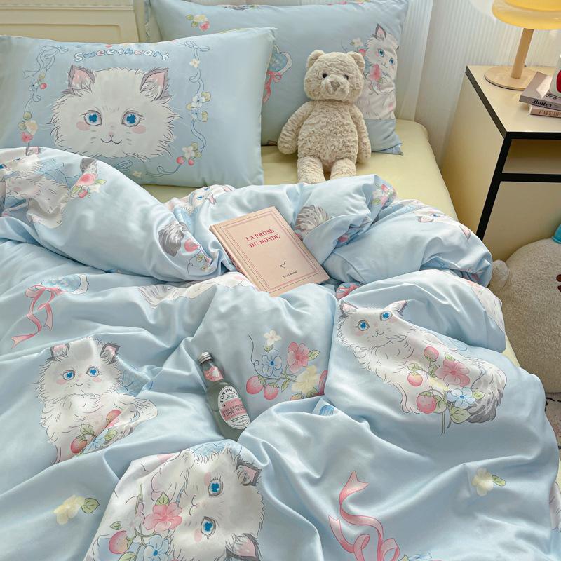 Кремовый Ветреный Постельный Комплект из Четырех Предметов Приятный к Коже Дышащий Простыня Пододеяльник Наволочка