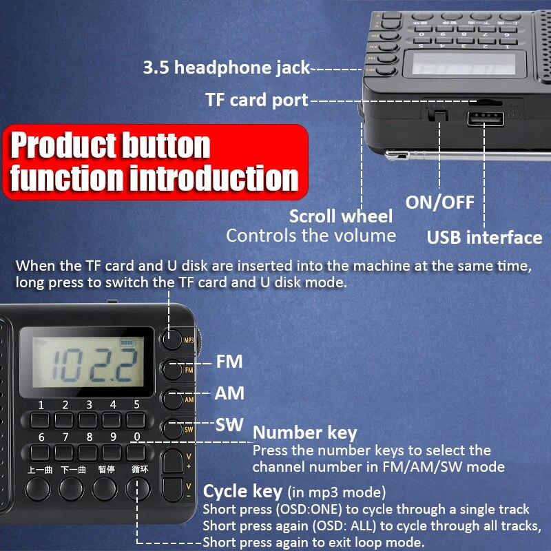 Полнодиапазонный радиоприемник, портативный FM/AM/SW-приемник, перезаряжаемый радиоприемник TF/USB, музыкальный плеер с ЖК-дисплеем, разъем для наушников 3,5 мм