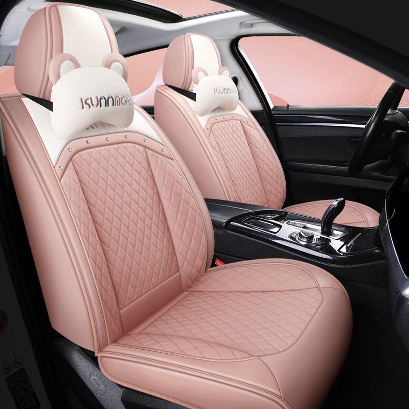 Universal Cartoon Car Seat Cover – Cute, Full-Surround Cushion for Small Cars, Fits 5-Seat Models, All-Season Use.