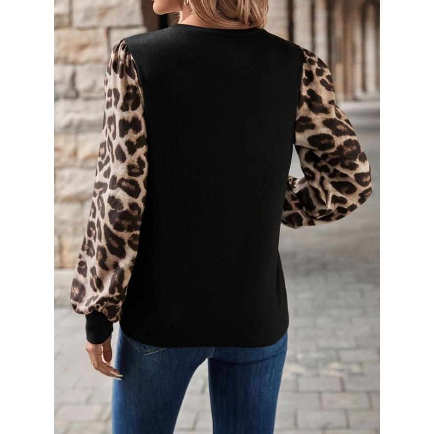 YYFS Женская мода повседневная весна осень леопардовый принт длинный рукав О-образный вырез блузки и рубашки