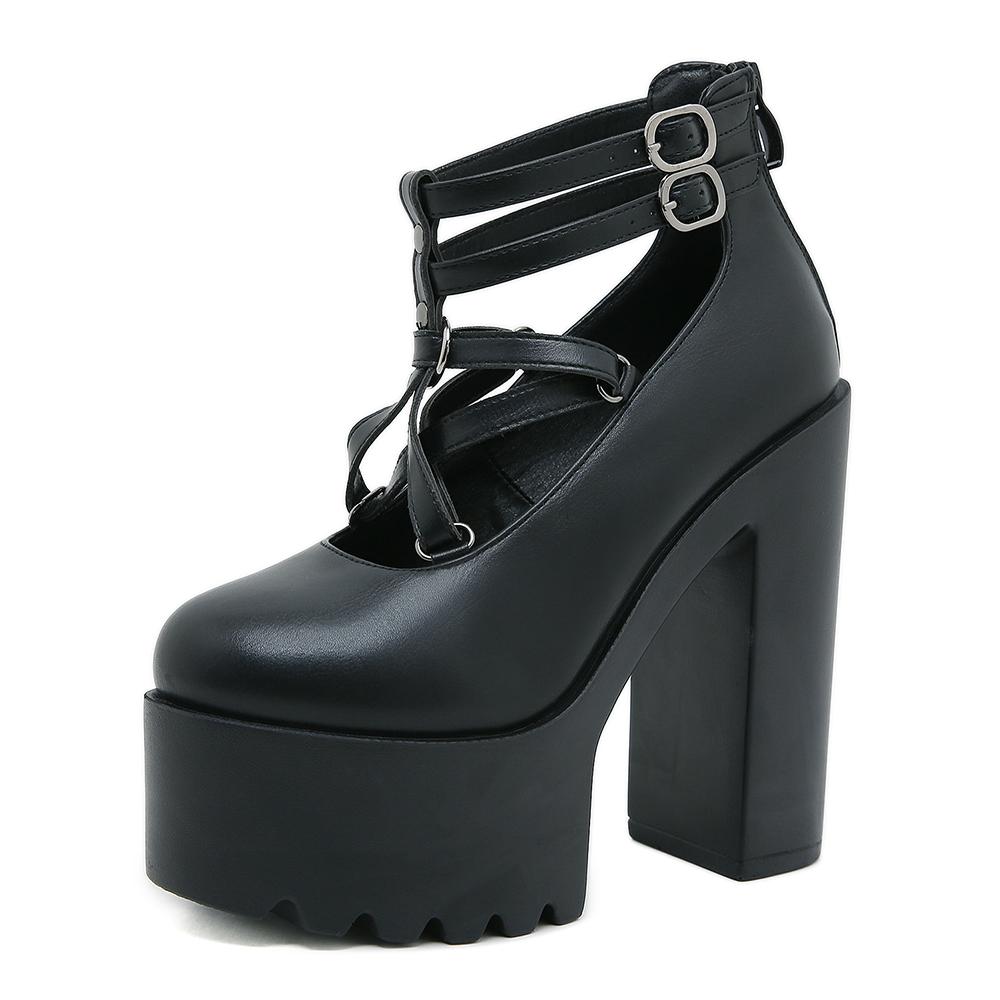 Gdgydh Женские туфли на блочном каблуке, готический стиль, туфли-лодочки на платформе с закрытым носком, пряжкой и ремешком, молния сзади, однотонные туфли на каблуке