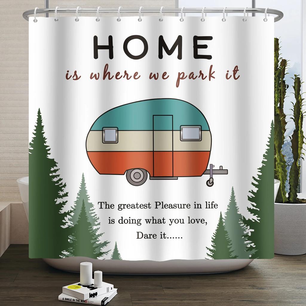 Занавеска для душа Кемпер Счастливый Кемпер Прицеп Автомобиль Автодом Лес Гора Палатка Кемпинг Ванная Занавеска для душа Водонепроницаемая Занавеска для ванны