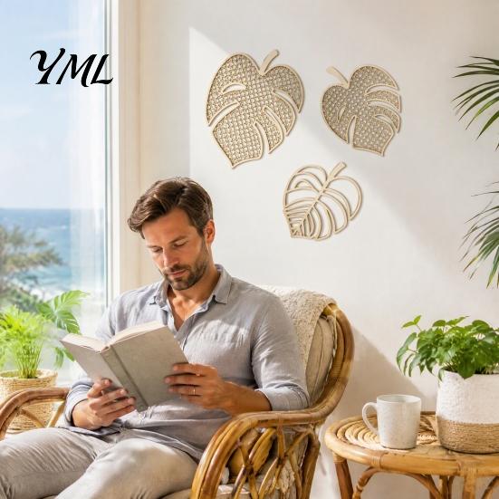 Modern Home Wall Ornament 3Pcs Wooden Monstera Decorations, Bohemian Hanging Ornament, Hollow Tropical Rustic Bedroom Accents Leaf Art Decor