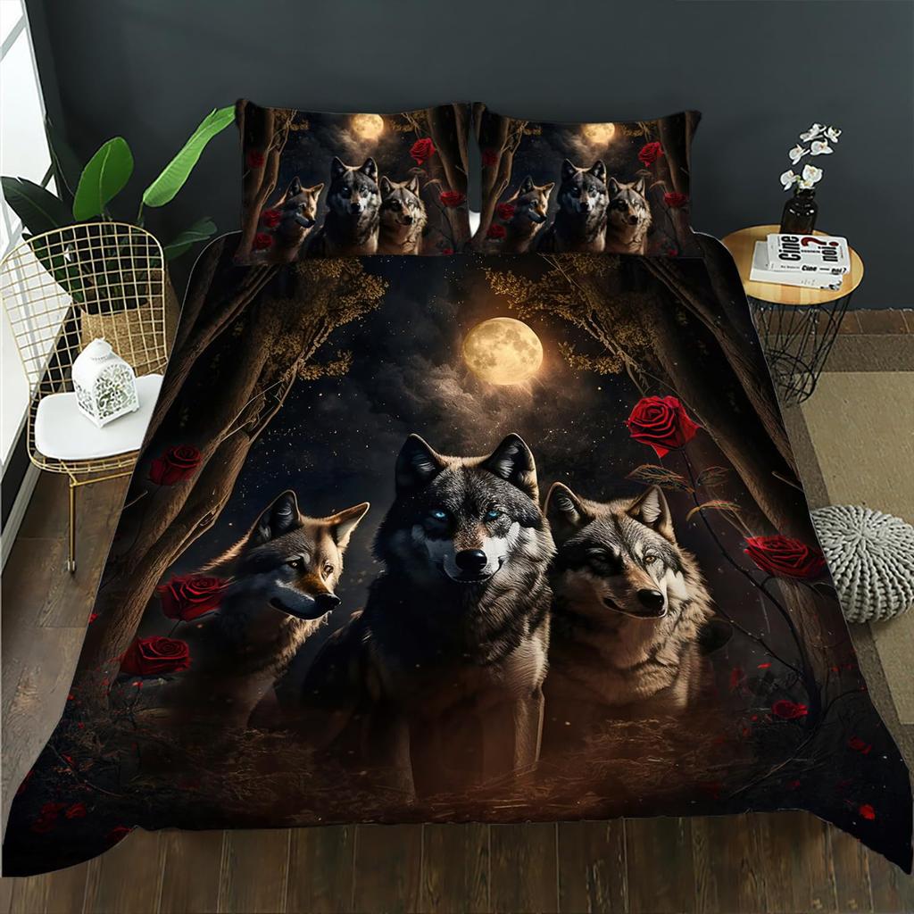 Purple Starry Night Galaxy Wolf Three-piece Quilt Cover 3D Digital Printing Bedding Set Bed Cover