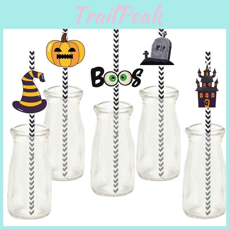 Event Paper Halloween Straws With Witch And Pumpkin Illustrations Festive For