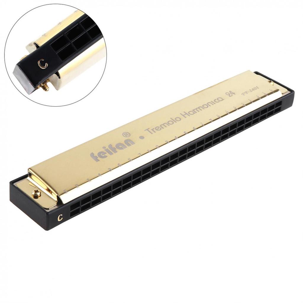 FEIFAN Gold 24 Holes 8K Titanium Harmonica Tremolo Tone Key C Harp Mouth Organ Musical Instruments
