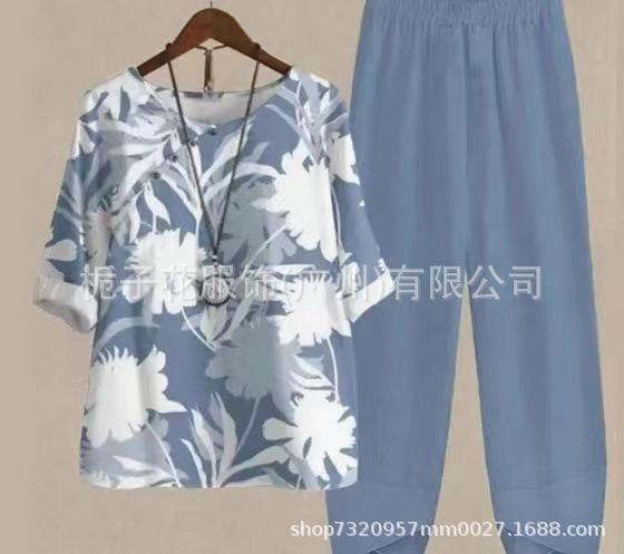 Europe beautiful women casual suit popular fashion summer new five-quarter sleeve printed top pants two-piece set