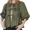 Весенние рубашки с круглым вырезом и контрастным бантом на шнуровке для женщин, свободная блузка с длинными рукавами-фонариками