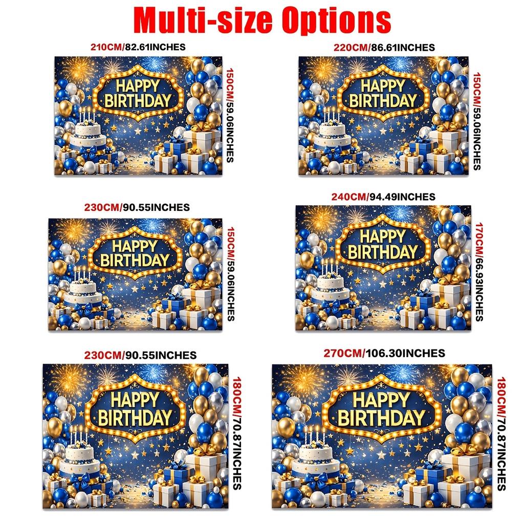 Golden Blue Festive Birthday Celebration with Balloons Gifts Stars Confetti Fireworks Elegant Lighting Sign Polyester Backdrop, for Party