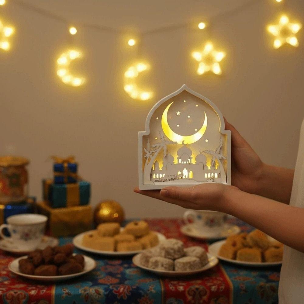 Creative Eid Desktop Ornament LED House-shaped Design Crafts Night Light Ornament Moon Carved Eid Wooden Decoration Scene Layout