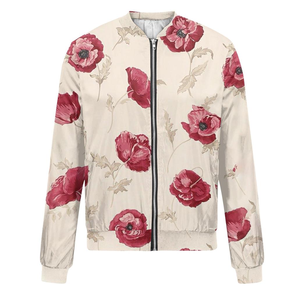 Women's Fashionable Casual Long Sleeve Floral/Leaf Print Round Neck Zipper Jacket