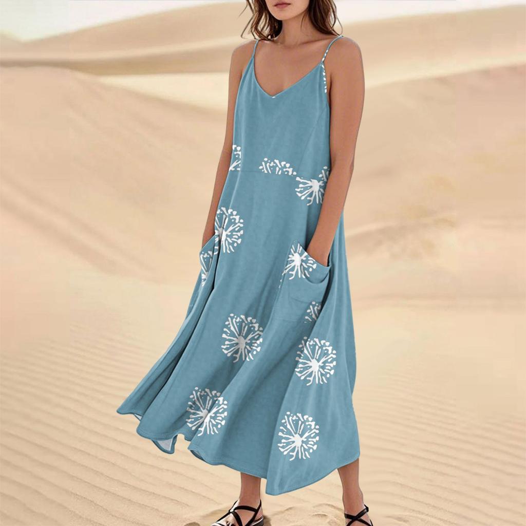 Women's Casual V Neck Dot Print Sleeveless Pocket Suspender Dress