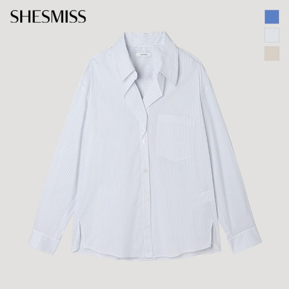 [shs Мисс] Полосатая рубашка с открытым воротником и карманом Swwstp12100