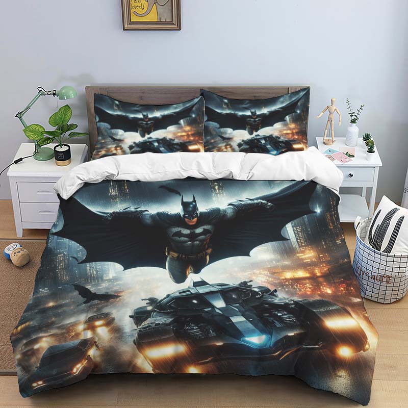 Batman childhood bedding set, including one duvet cover and two pillowcases, a perfect home décor gift for Batman f