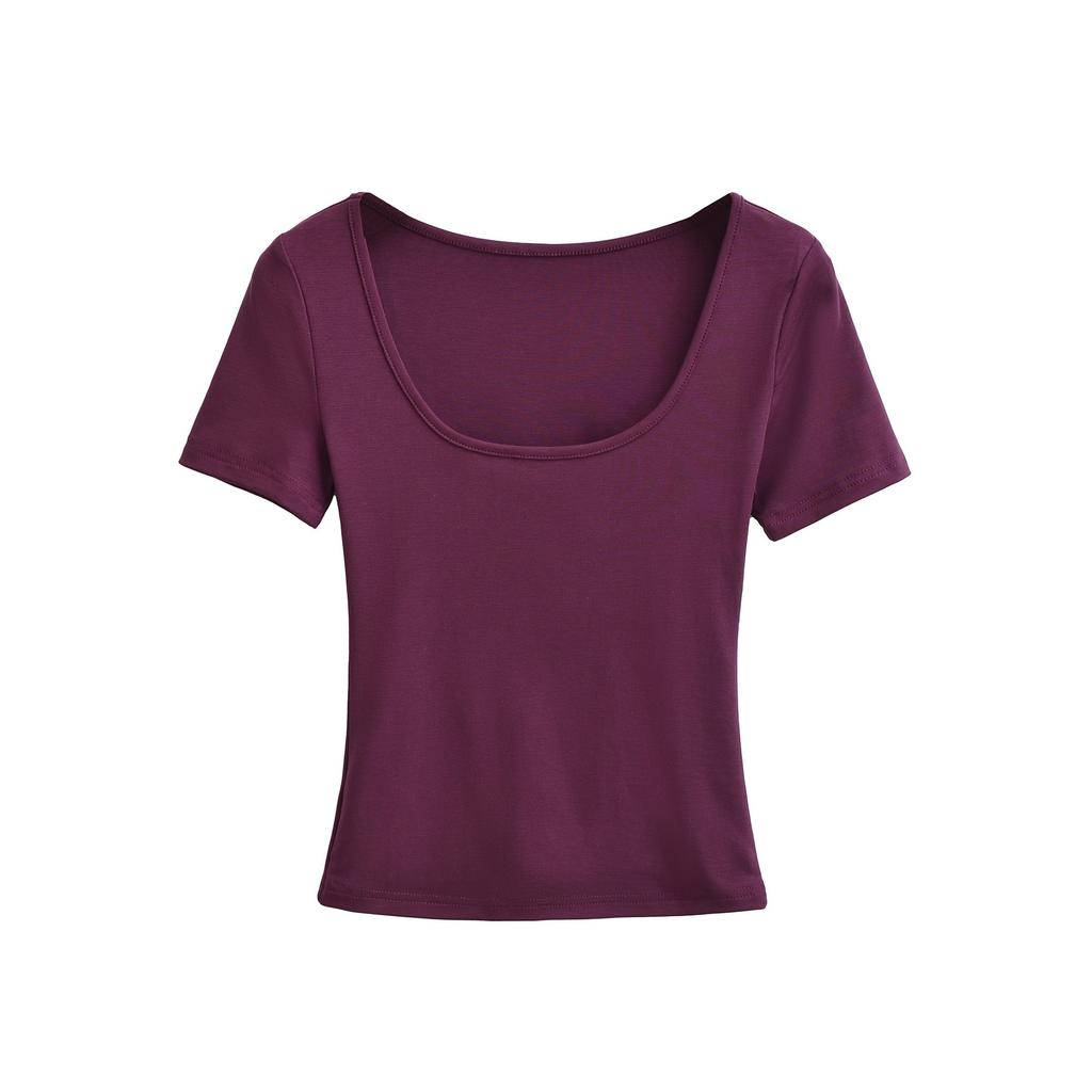 U-neck short-sleeved T-shirt women's summer new American Spice Girl style solid color slim-fitting and thin bottoming top