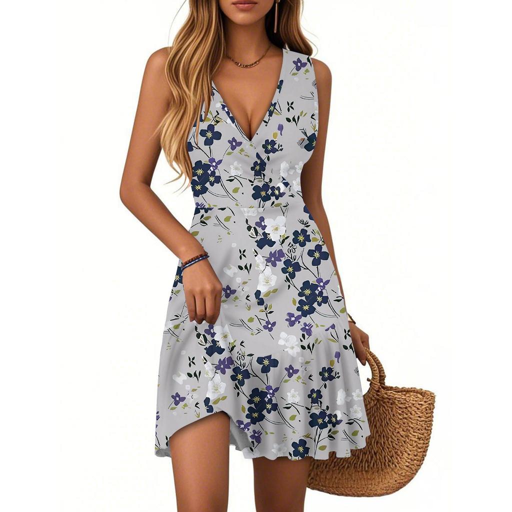 Women's Dress V-neck Sleeveless Casual Floral Print Hem Pleated Dress