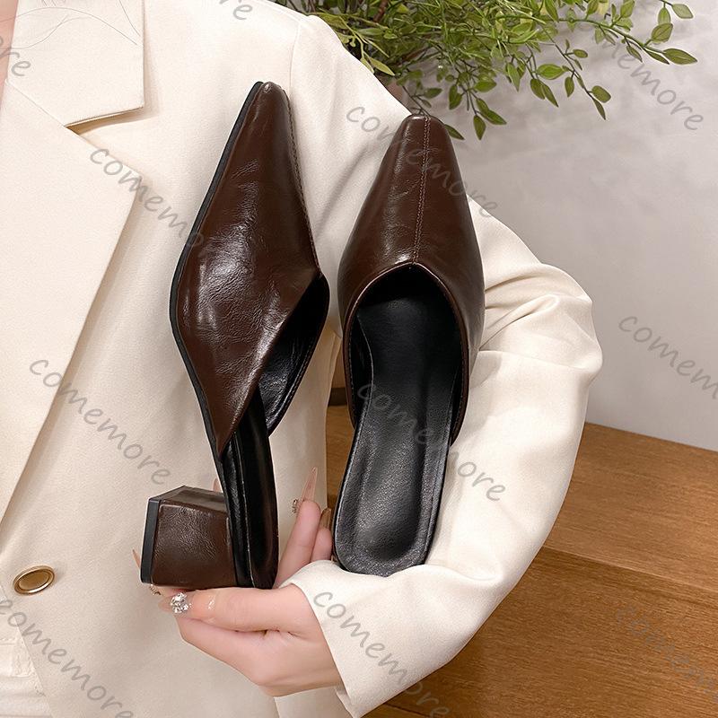 Празднуйте Летние Женские Элегантные Полушлепанцы на Толстом Каблуке для Улицы Большого Размера Мюли на Среднем Каблуке Шлепанцы Сандалии Однотонная Обувь Женская