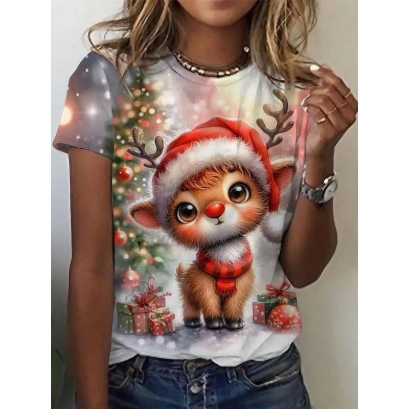 Womens Slim Fit Round Neck Short Sleeve T-Shirt With 3D Santa Claus Print Soft Cotton-Feel Fabric Casual Office Wear
