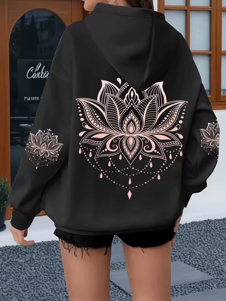 Light Pink Mandala Lotus Print Plus Size Women's Hooded SweaT shirt Casual Hooded SweaT shirt Casual