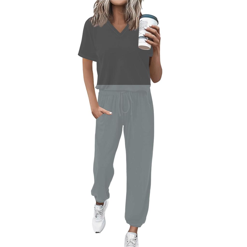 Женский спортивный костюм с V-образным вырезом и коротким рукавом, свободные брюки
