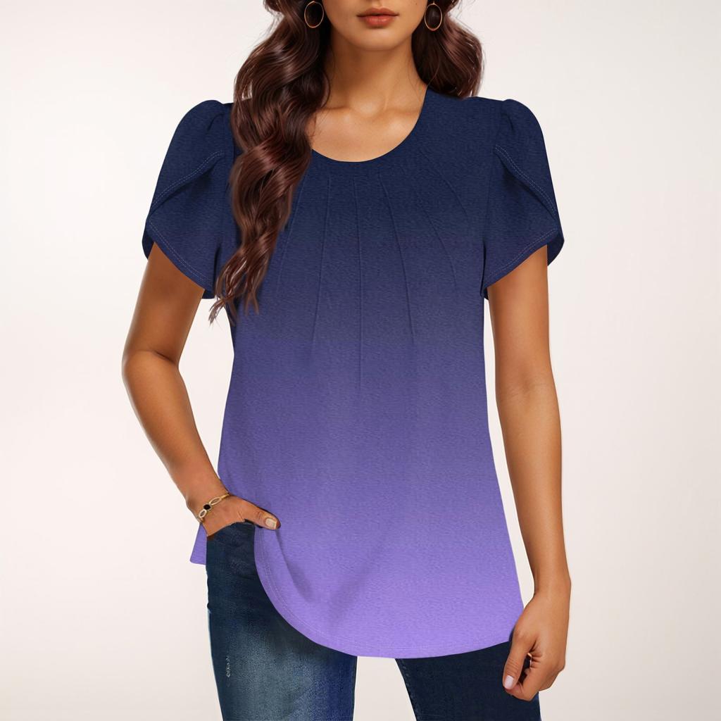 Женская модная футболка с круглым вырезом и коротким рукавом с градиентным принтом, повседневная базовая плиссированная футболка-пуловер