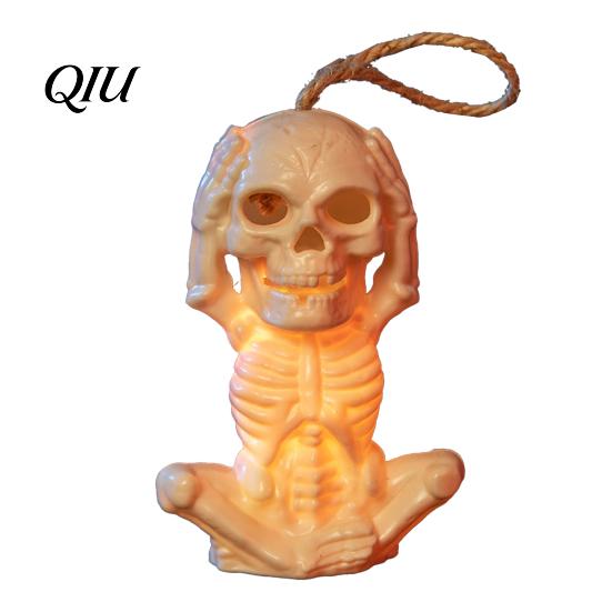 Flameless Candle Figurine Halloween Skeleton Decoration with LED Light, Spooky Lighted Plastic Skull Ornament Rope for Haunted House Home Party Decor