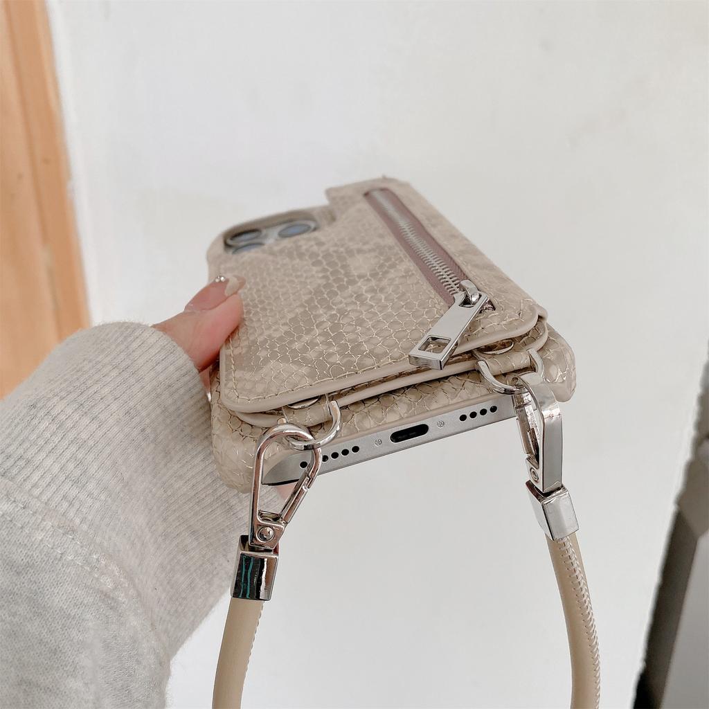 For iPhone 16 Pro Max Case Zipper Card Holder Mirror Snake Texture PU+PC Back Cover with Lanyard