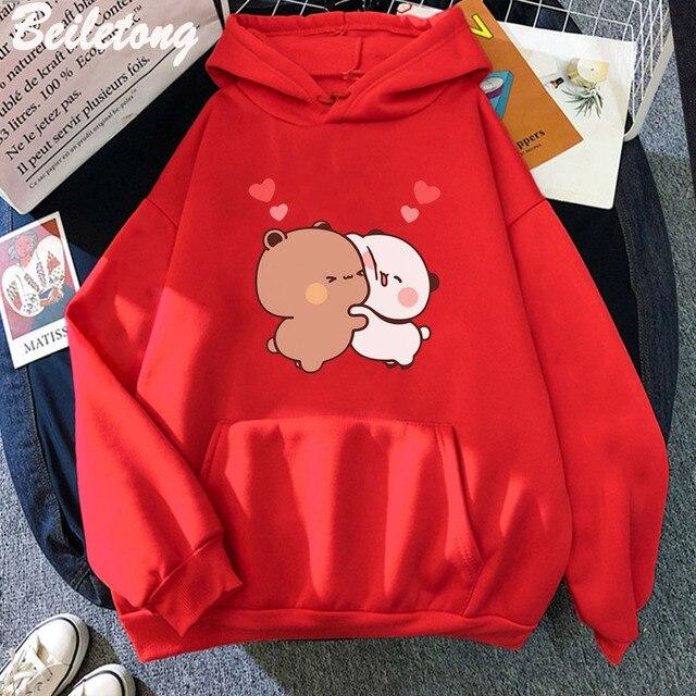 Кавайная толстовка с капюшоном, медведем, пандой, мультяшным принтом Бубу Дуду, свитшот большого размера для девочек, весна/осень, голубые топы с карманами и длинными рукавами