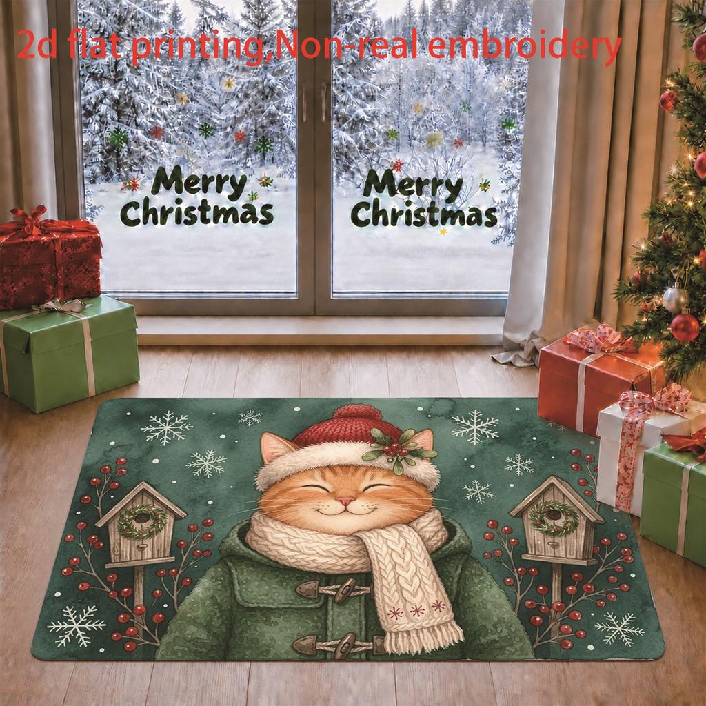 1pc, 2D Flat Printing, Christmas Smiling Cat Snowflake Birdhouse Printed Indoor Mat, Non-Slip And Machine Washable Easy to Clean Polyester Carpet, Sui