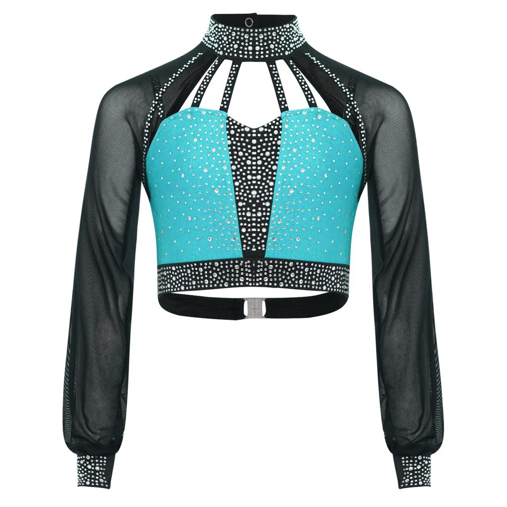 Топ для танцевальных выступлений для девочек, дизайн колор-блок, воротник-стойка, прозрачные сетчатые рукава, вырез на спине, укороченный топ со стразами