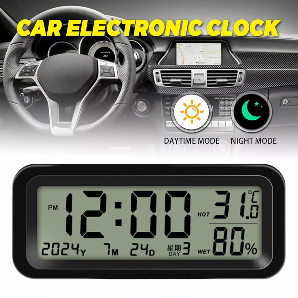 Автомобильные часы с ЖК-дисплеем, датчиком температуры и влажности на солнечной батарее, подсветка, автомобильные часы для приборной панели, внутренние аксессуары для автомобиля