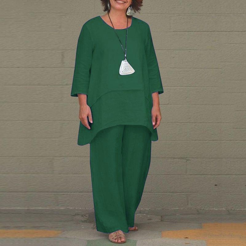 Fake Two-piece Cotton Linen White Set Women's Casual Irregular Top + Wide-leg Pants 2-piece Suit Loose Oversized Women Outfit