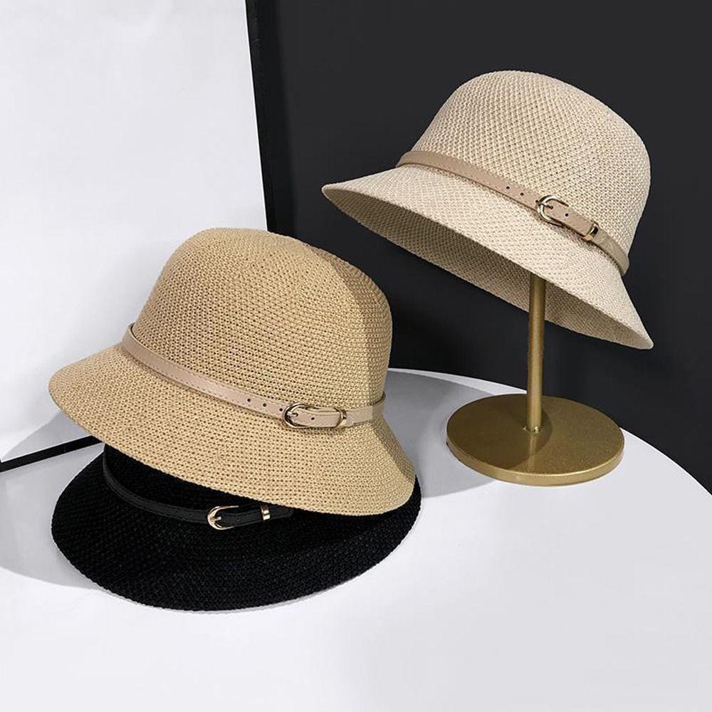 Hats Travel Sun Hats Women Sunscreen Hats PU Leather Belt Summer Bucket Hats Outdoor Straw Hats